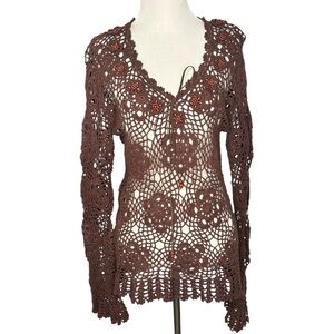 Y2K Crocheted Beaded Bell Long Sleeve Tunic Top Blouse Fairy Festival
